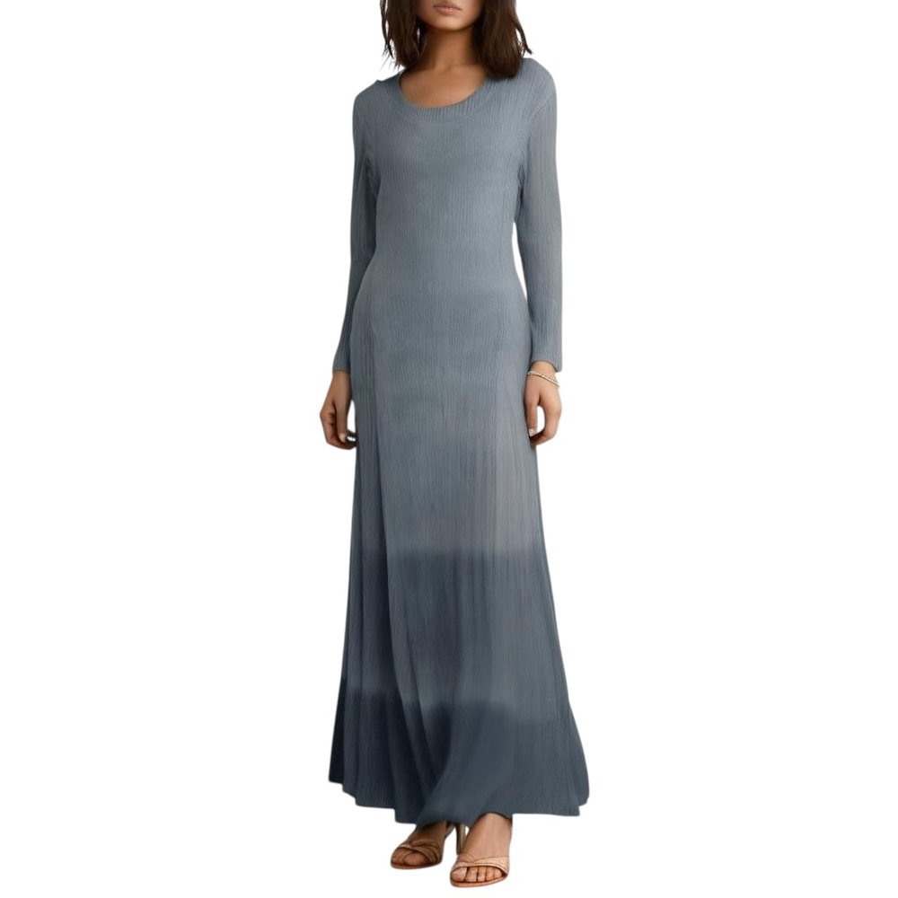 Barbara Lesser Vintage Maxi Dress M Blue Crinkle Texture Ombre Long Sleeve USA